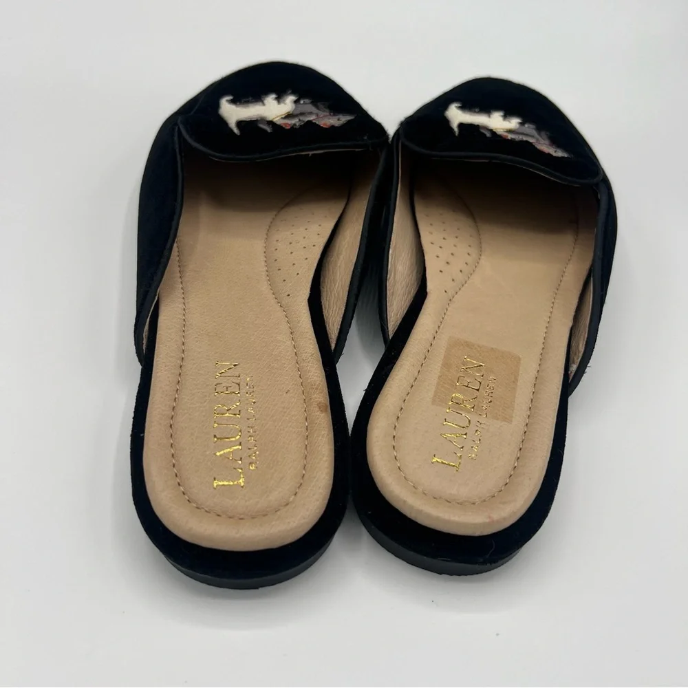 Ralph Lauren Black Velvet Loafers Scottish Terrier Dog Embroidery 10 New Mules - Picture 4 of 6